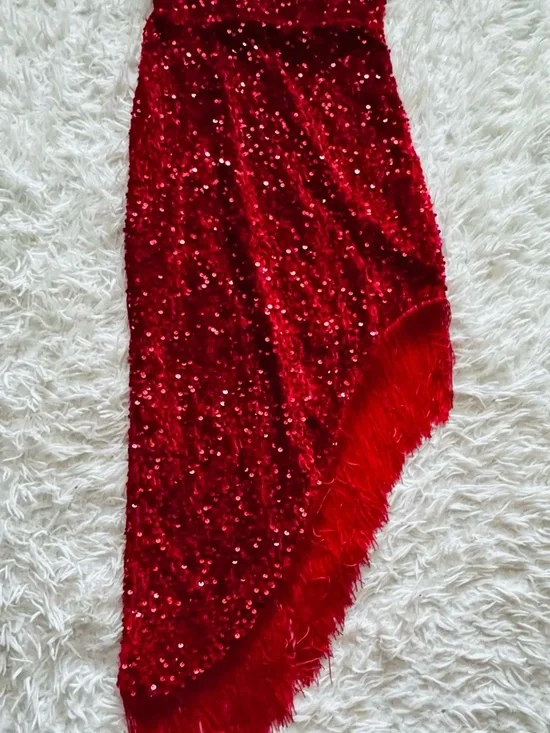 Red One-Shoulder Sequin Fringe Dress - Picture 2 of 2